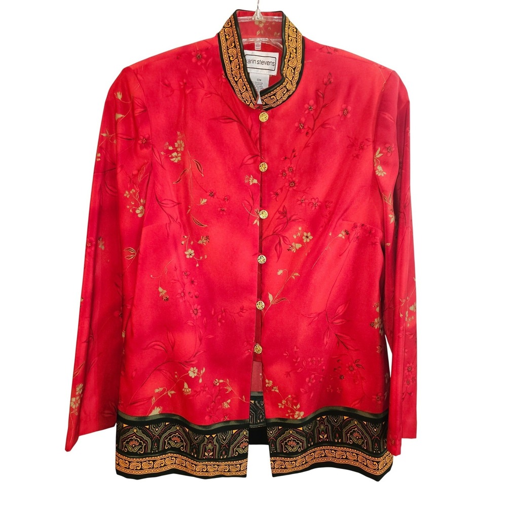 Vintage Karin Stevens Red Floral Asian Inspired Mandarin Collar Blazer 12M